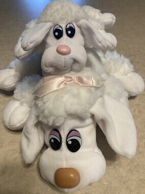 Vtg 1980s Pound Puppies White Poodle Pink Eyes Ribbon and Baby Tonka W/ Collar